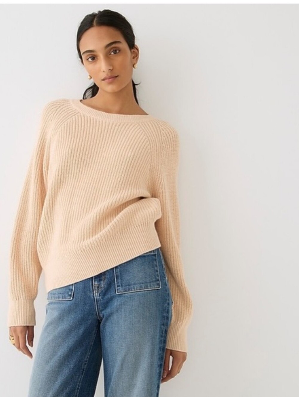 J Crew Cotton Ribbed Knit Fisherman Sweater Raw Cashew Size S NWT